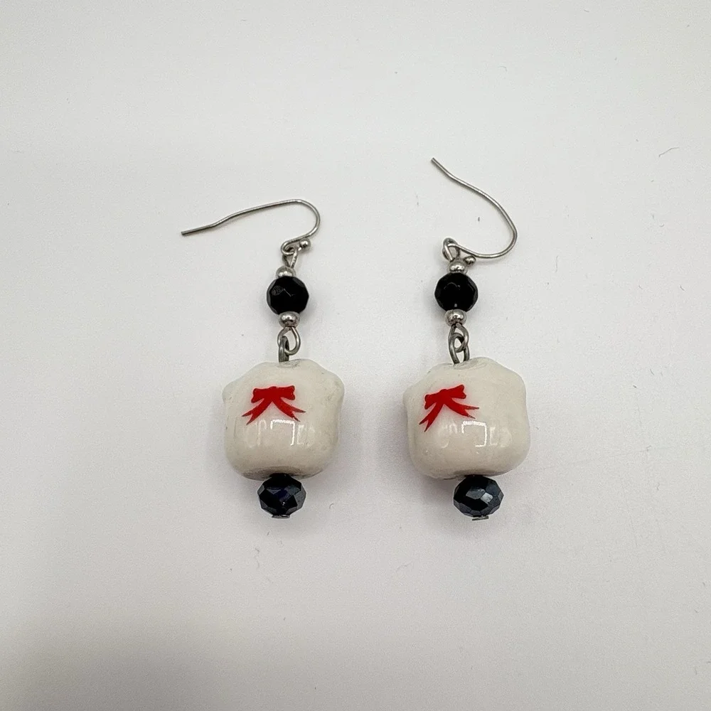 Japanese Maneki Neko Lucky Cat Earrings Ceramic Hand Painted Dangle Jewelry
